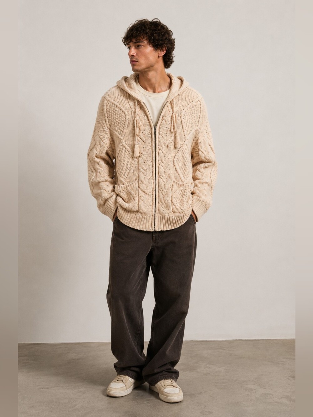 Found Cable Knit Zip Hoodie Large Unisex Chunky Knit Sweater Cream $198 Retail